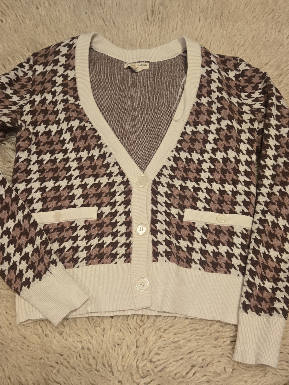 Houndstooth V-Neck Cardigan Sweater in Cream and Brown Size XS